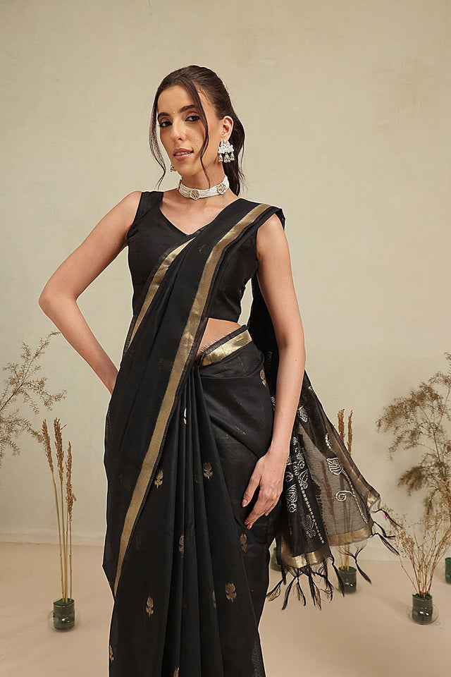 Black Floral Woven Cotton Blend Saree (SZ-JMD36-BL-3154)