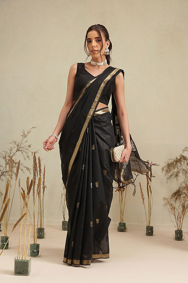 Black Floral Woven Cotton Blend Saree (SZ-JMD36-BL-3154)