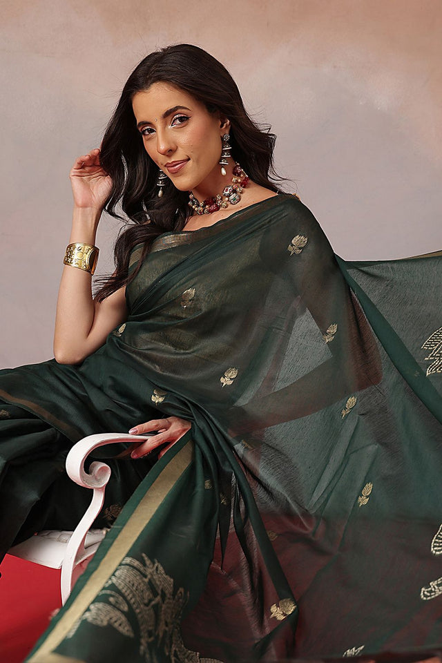 Green Floral Woven Cotton Blend Saree (SZ-JMD36-GN-3153)