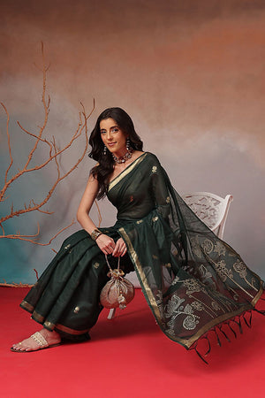 Green Floral Woven Cotton Blend Saree (SZ-JMD36-GN-3153)