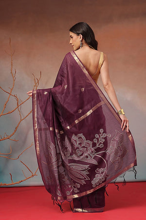 Violet Floral Woven Cotton Blend Saree (SZ-JMD37-MG-3155)