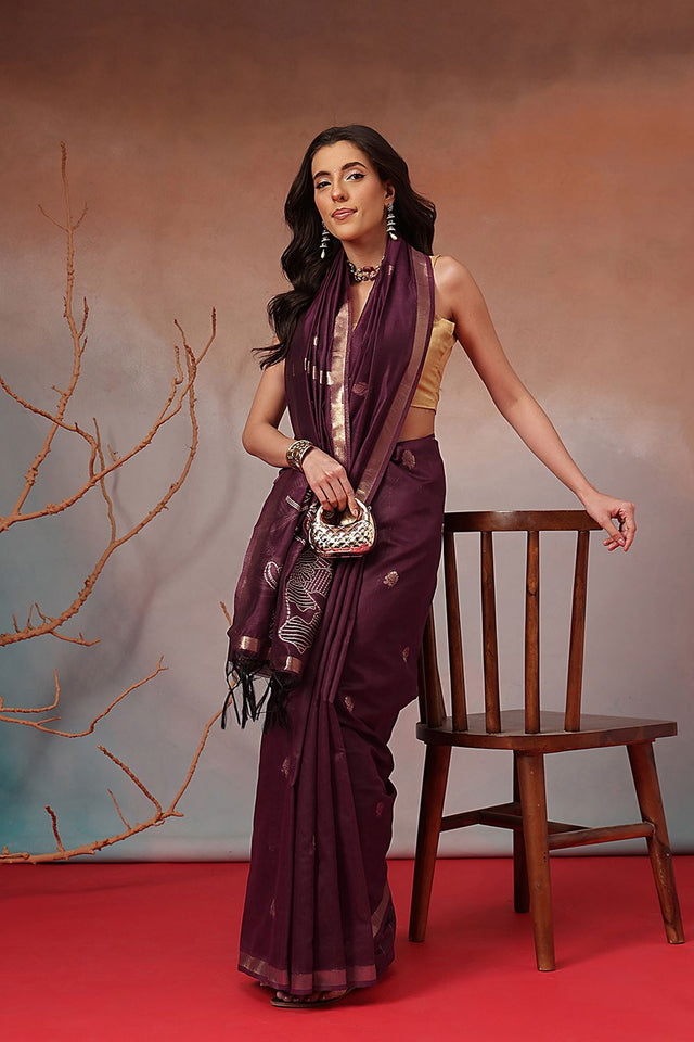 Violet Floral Woven Cotton Blend Saree (SZ-JMD37-MG-3155)