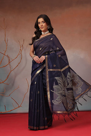 Navy Blue Floral Woven Cotton Blend Saree (SZ-JMD37-NB-3156)