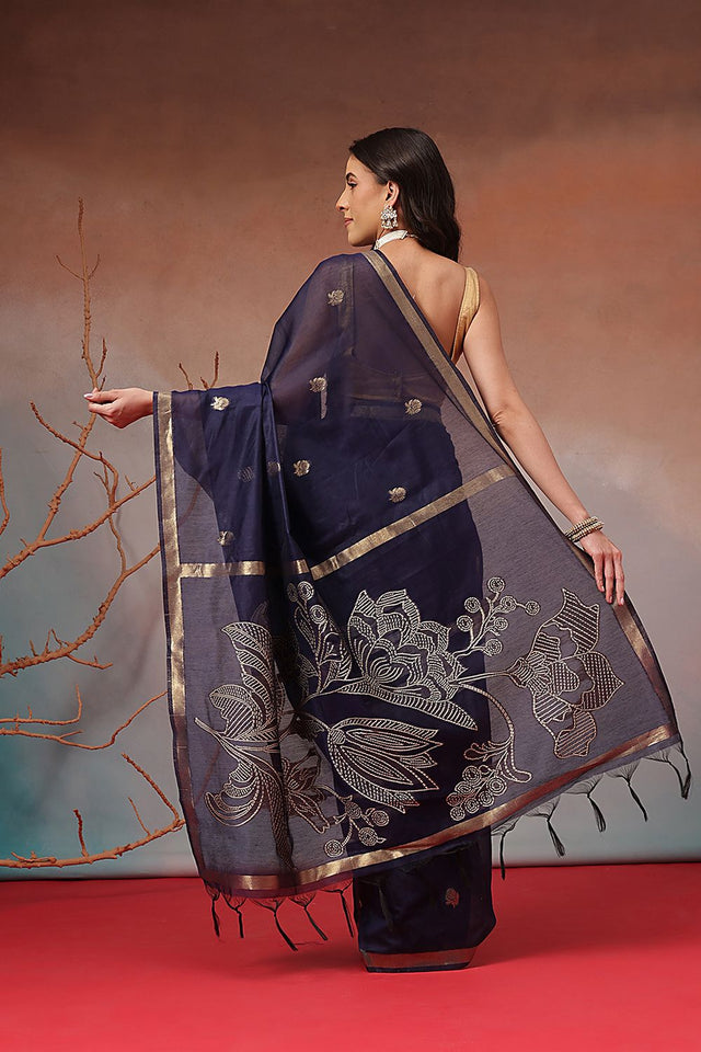 Navy Blue Floral Woven Cotton Blend Saree (SZ-JMD37-NB-3156)