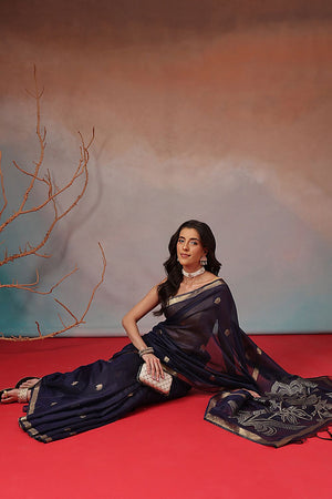 Navy Blue Floral Woven Cotton Blend Saree (SZ-JMD37-NB-3156)