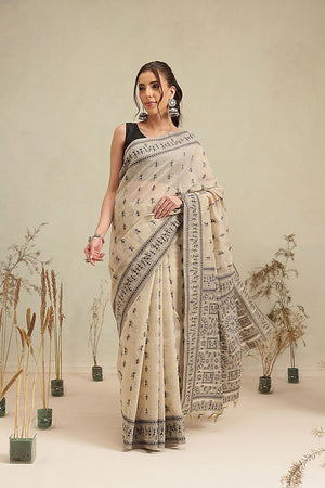 Black Floral Woven Cotton Blend Saree (SZ-JMD38-BL-3158)