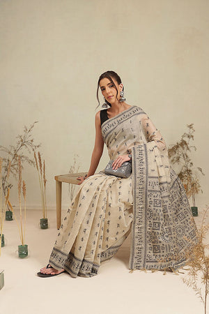 Black Floral Woven Cotton Blend Saree (SZ-JMD38-BL-3158)