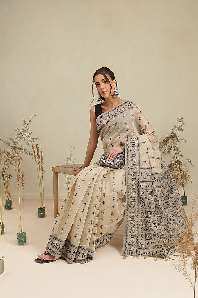 Black Floral Woven Cotton Blend Saree (SZ-JMD38-BL-3158)