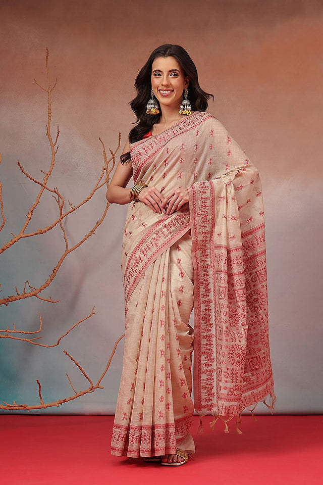 Pink Floral Woven Cotton Blend Saree (SZ-JMD38-PN-3157)