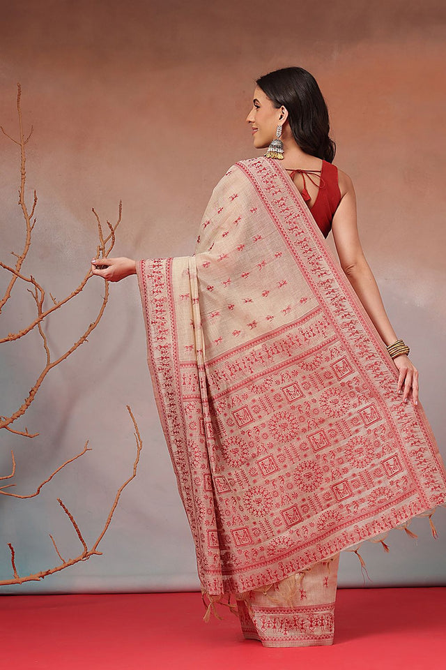 Pink Floral Woven Cotton Blend Saree (SZ-JMD38-PN-3157)