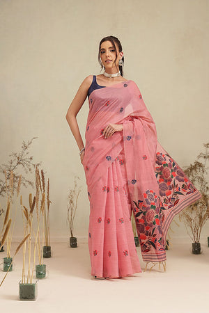 Pink Floral Woven Cotton Blend Saree (SZ-JMD39-PN-3159)