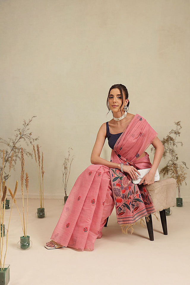 Pink Floral Woven Cotton Blend Saree (SZ-JMD39-PN-3159)