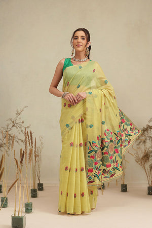Yellow Floral Woven Cotton Blend Saree (SZ-JMD39-YL-3160)