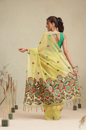 Yellow Floral Woven Cotton Blend Saree (SZ-JMD39-YL-3160)