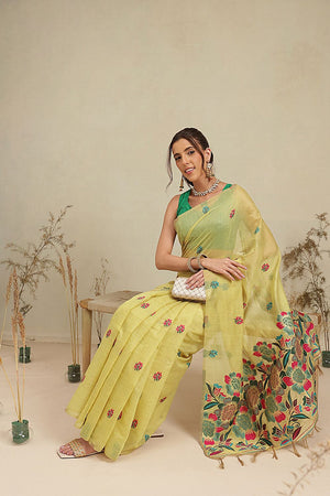 Yellow Floral Woven Cotton Blend Saree (SZ-JMD39-YL-3160)