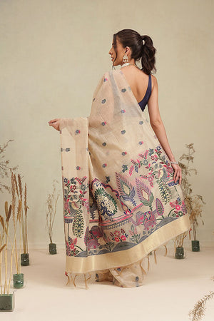 White Floral Woven Cotton Blend Saree (SZ-JMD40-BE-3161)