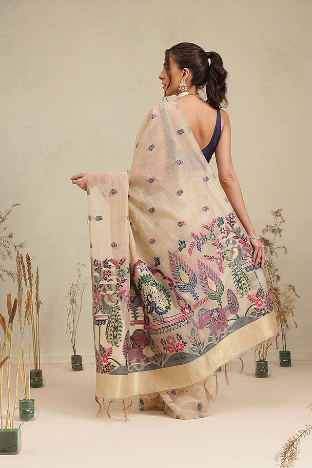 White Floral Woven Cotton Blend Saree (SZ-JMD40-BE-3161)
