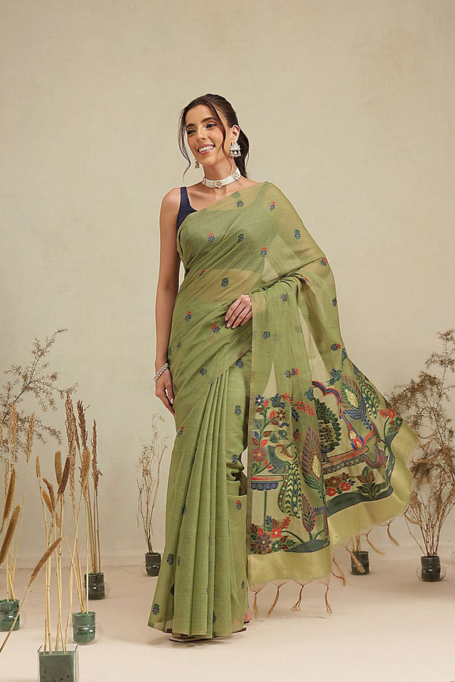 Olive Green Floral Woven Cotton Blend Saree (SZ-JMD40-GN-3162)