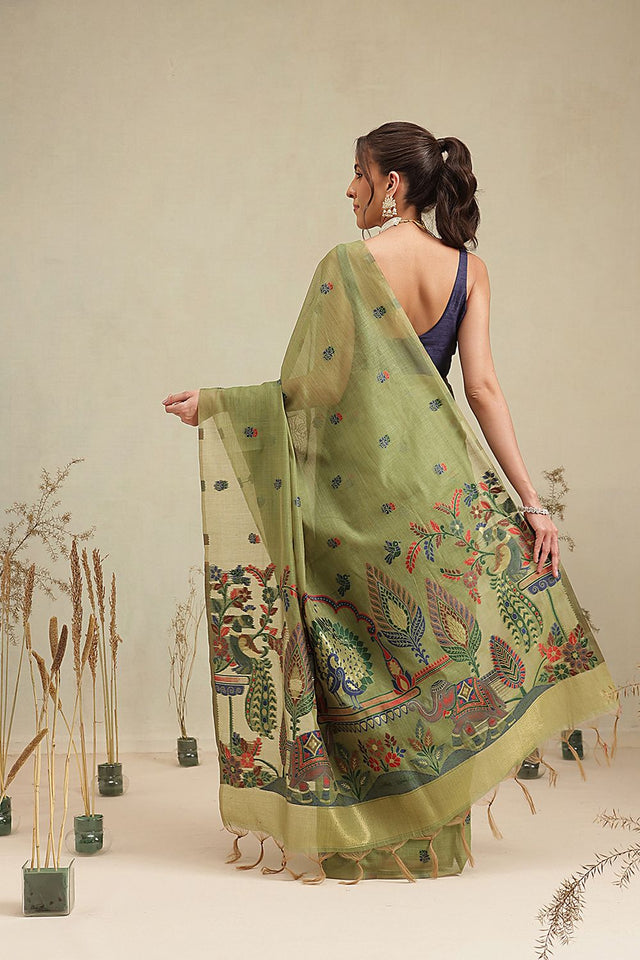 Olive Green Floral Woven Cotton Blend Saree (SZ-JMD40-GN-3162)