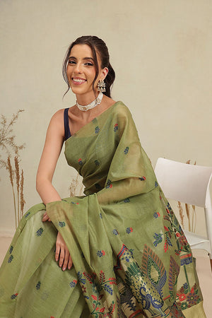 Olive Green Floral Woven Cotton Blend Saree (SZ-JMD40-GN-3162)
