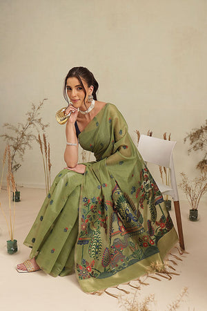 Olive Green Floral Woven Cotton Blend Saree (SZ-JMD40-GN-3162)