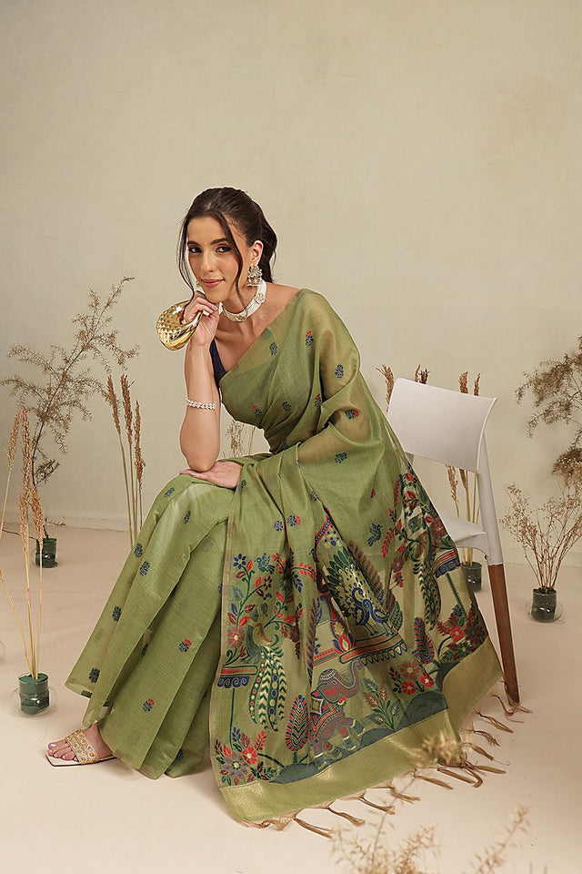 Olive Green Floral Woven Cotton Blend Saree (SZ-JMD40-GN-3162)