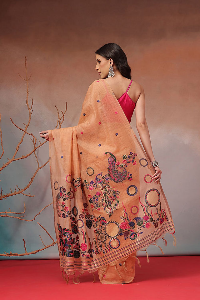 Peach Floral Woven Cotton Blend Saree (SZ-JMD41-PE-3163)
