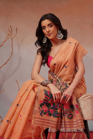 Peach Floral Woven Cotton Blend Saree (SZ-JMD41-PE-3163)