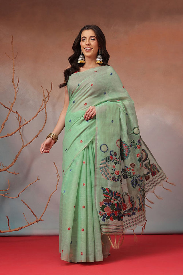 Green Floral Woven Cotton Blend Saree (SZ-JMD41-TL-3164)