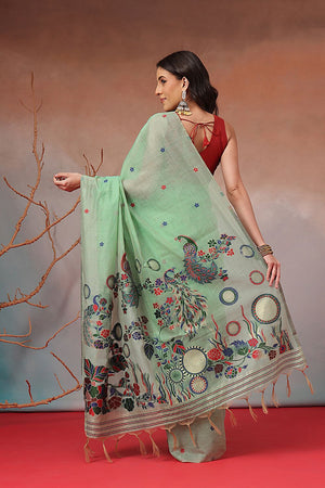 Green Floral Woven Cotton Blend Saree (SZ-JMD41-TL-3164)