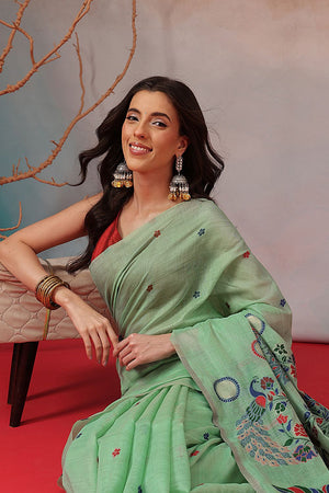 Green Floral Woven Cotton Blend Saree (SZ-JMD41-TL-3164)