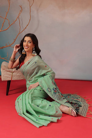Green Floral Woven Cotton Blend Saree (SZ-JMD41-TL-3164)