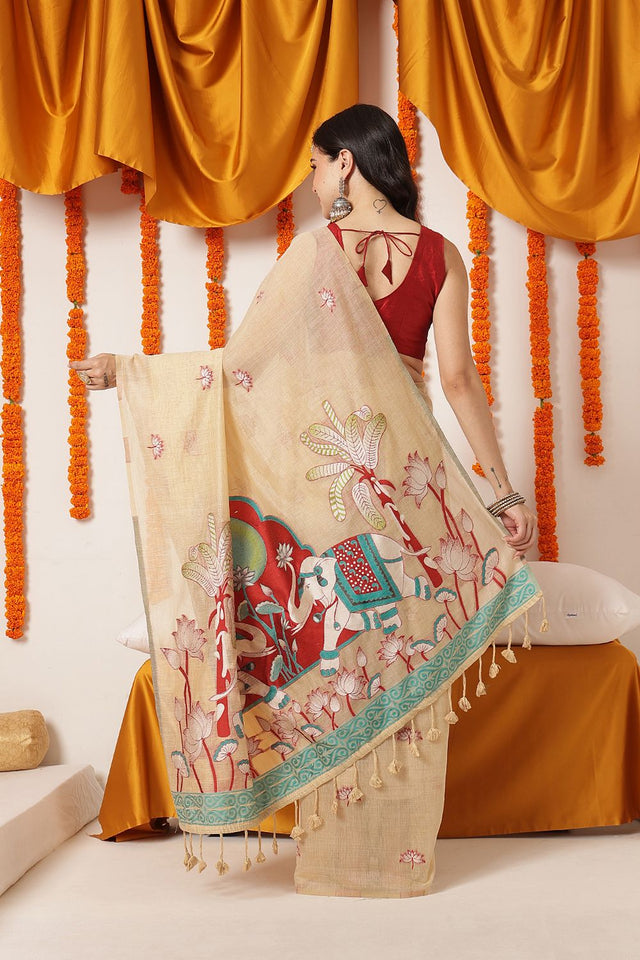 Beige Woven Cotton Blend Saree (SZ-JMD44-BE-3296)