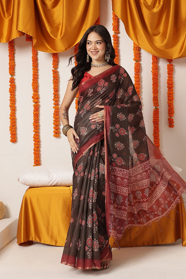 Black Ajrakh Printed Cotton Blend Saree (SZ-KLD-AJRAKH-3290)