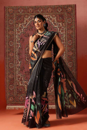 Black Floral Printed Cotton Blend Saree