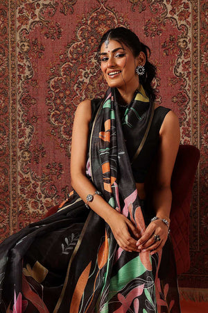 Black Floral Printed Cotton Blend Saree