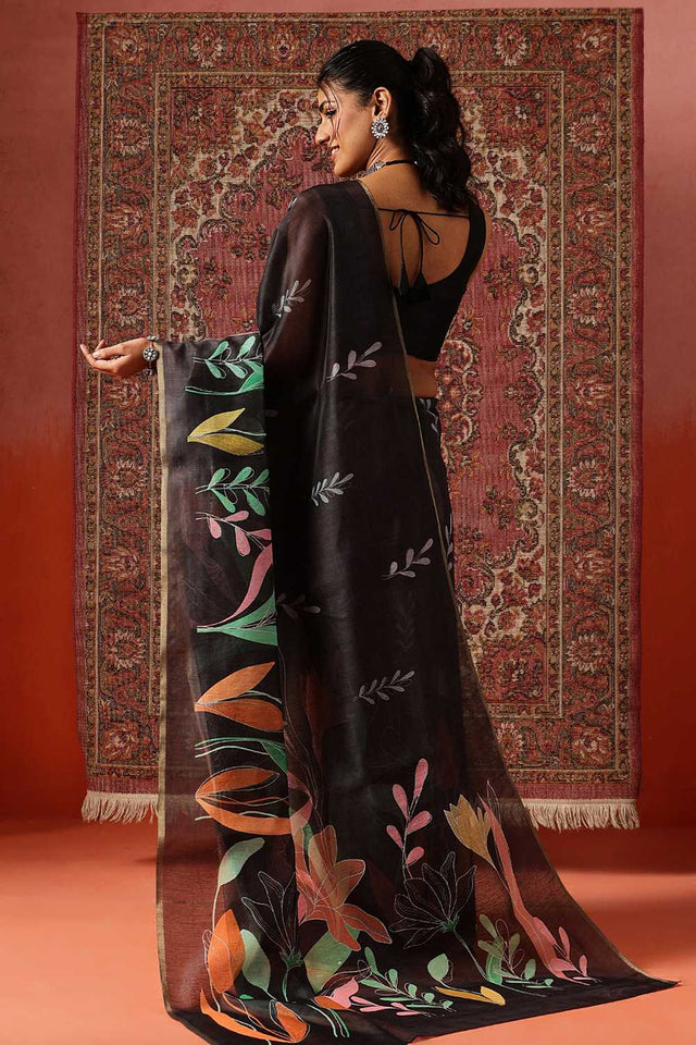 Black Floral Printed Cotton Blend Saree
