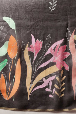 Black Floral Printed Cotton Blend Saree