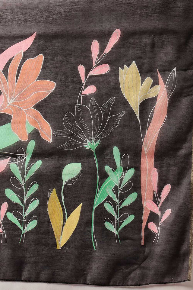 Black Floral Printed Cotton Blend Saree