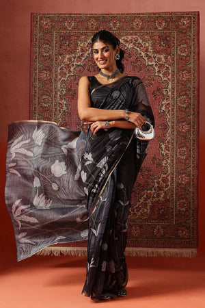 Grey Floral Printed Cotton Blend Saree