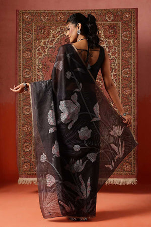 Grey Floral Printed Cotton Blend Saree