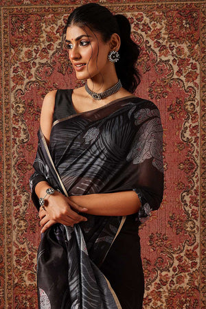 Grey Floral Printed Cotton Blend Saree