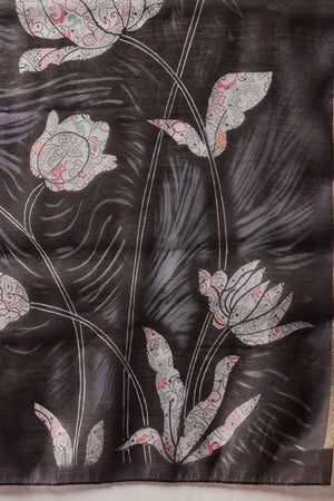 Grey Floral Printed Cotton Blend Saree