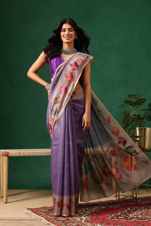 Beige Floral Printed Cotton Blend Saree