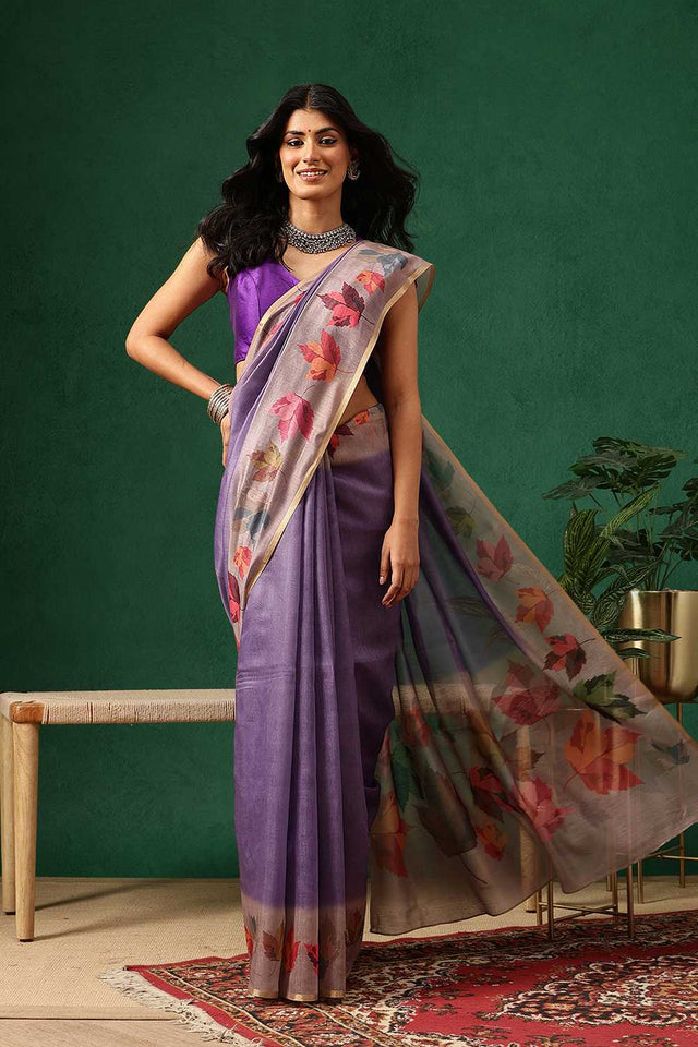 Beige Floral Printed Cotton Blend Saree