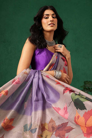 Beige Floral Printed Cotton Blend Saree