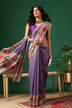 Beige Floral Printed Cotton Blend Saree