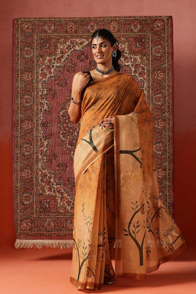 Mustard Floral Printed Cotton Blend Saree