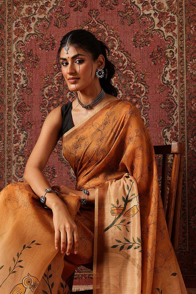 Mustard Floral Printed Cotton Blend Saree