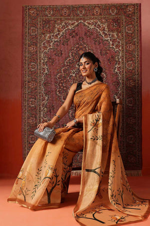 Mustard Floral Printed Cotton Blend Saree